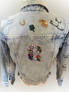 AllSaints Embellished Denim Jacket S Beaded Patchwork Distressed Hem